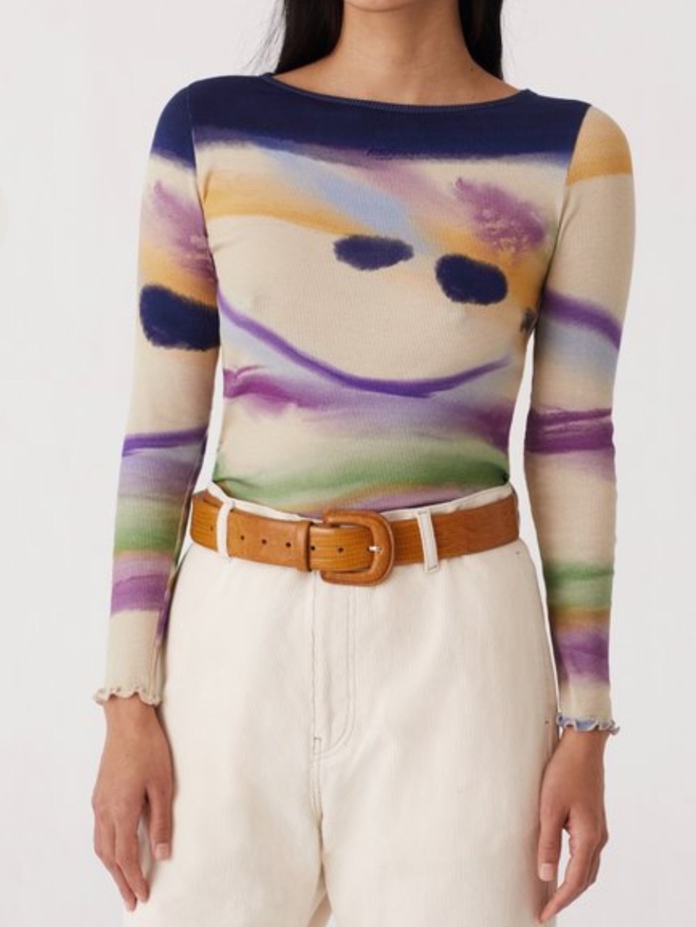 Paloma Wool Nucleo Top Multicolor Abstract Watercolor Long Sleeve Lettuce Hem-S